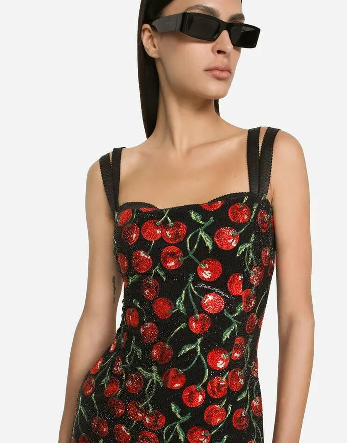 Dolce and Gabbana Dresses Women Cherryprint Jersey Minidress With Fusible Rhinestones Multicolor Dolce and Gabbana Dresses Women Cherryprint Jersey Minidress With Fusible Rhinestones Multicolor