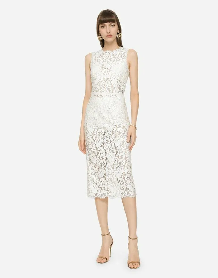 Dolce and Gabbana Dresses Women Laminated Lace Calflength Dress White Dolce and Gabbana Dresses Women Laminated Lace Calflength Dress White
