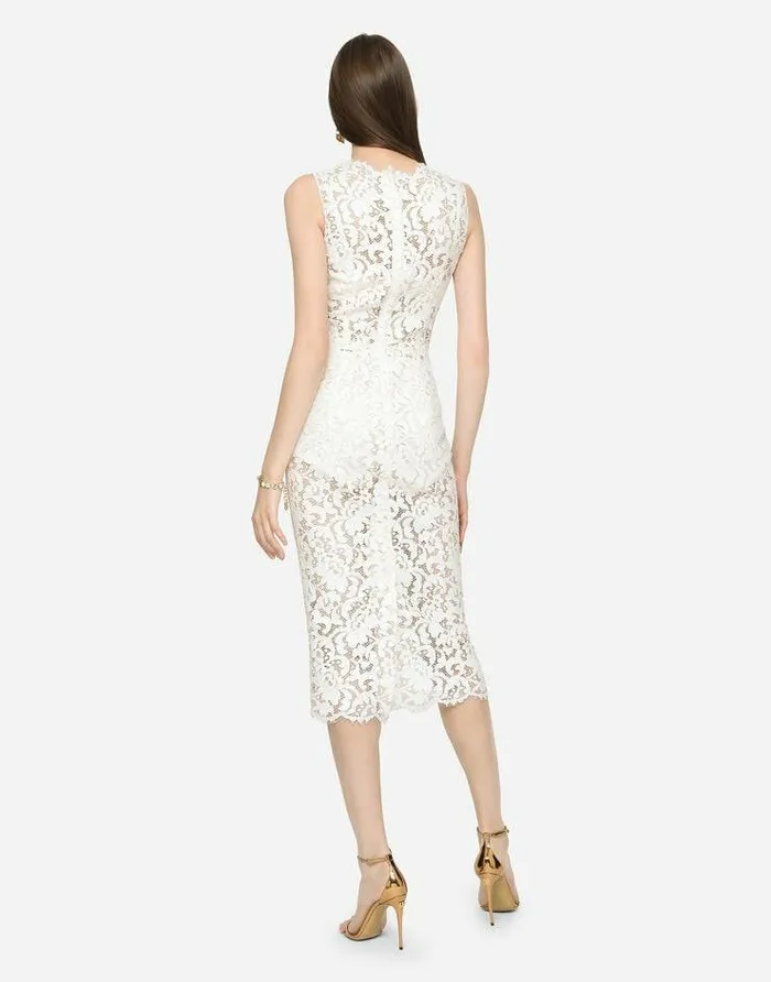Dolce and Gabbana Dresses Women Laminated Lace Calflength Dress White Dolce and Gabbana Dresses Women Laminated Lace Calflength Dress White