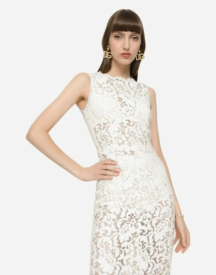 Dolce and Gabbana Dresses Women Laminated Lace Calflength Dress White Dolce and Gabbana Dresses Women Laminated Lace Calflength Dress White