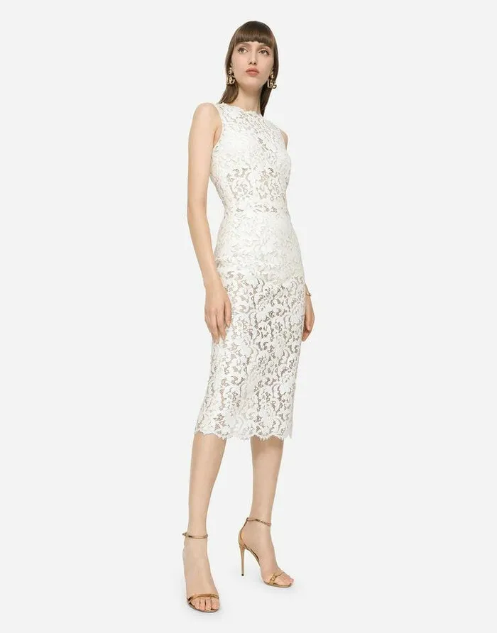 Dolce and Gabbana Dresses Women Laminated Lace Calflength Dress White Dolce and Gabbana Dresses Women Laminated Lace Calflength Dress White