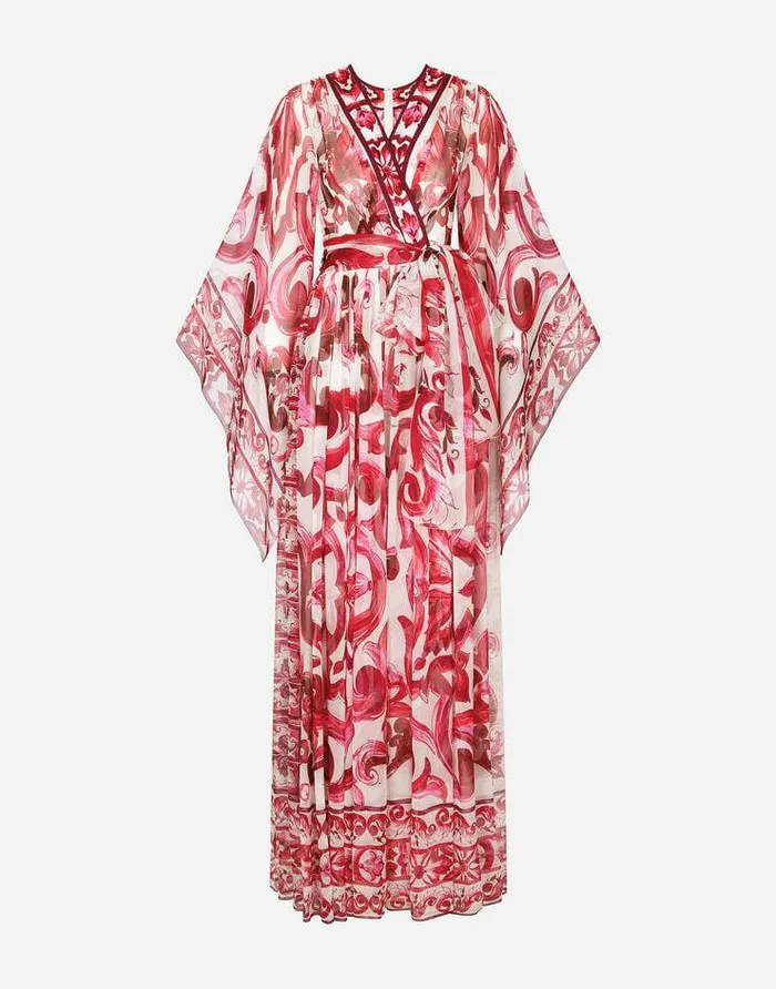 Dolce and Gabbana Dresses Women Long Majolicaprint Chiffon Dress Multicolor