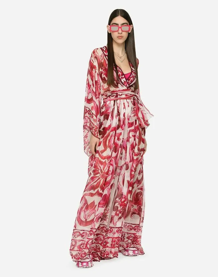 Dolce and Gabbana Dresses Women Long Majolicaprint Chiffon Dress Multicolor Dolce and Gabbana Dresses Women Long Majolicaprint Chiffon Dress Multicolor