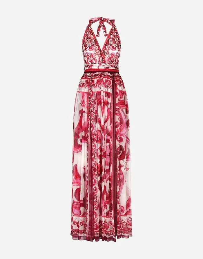 Dolce and Gabbana Dresses Women Long Sleeveless Chiffon Dress With Majolica Print Multicolor Dolce and Gabbana Dresses Women Long Sleeveless Chiffon Dress With Majolica Print Multicolor