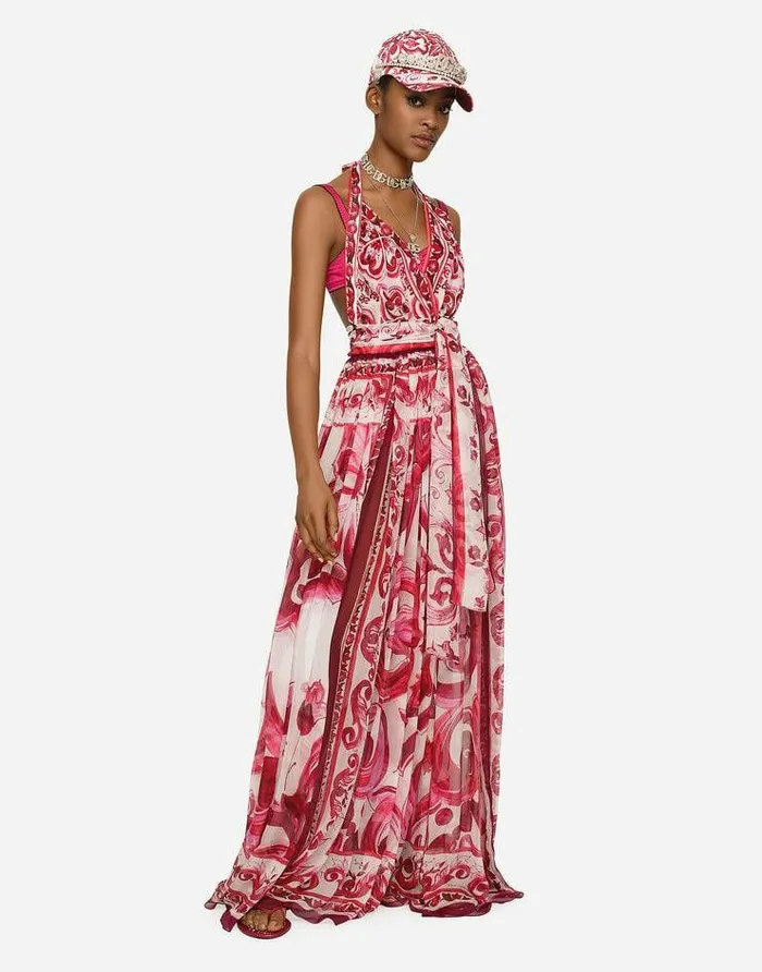 Dolce and Gabbana Dresses Women Long Sleeveless Chiffon Dress With Majolica Print Multicolor Dolce and Gabbana Dresses Women Long Sleeveless Chiffon Dress With Majolica Print Multicolor
