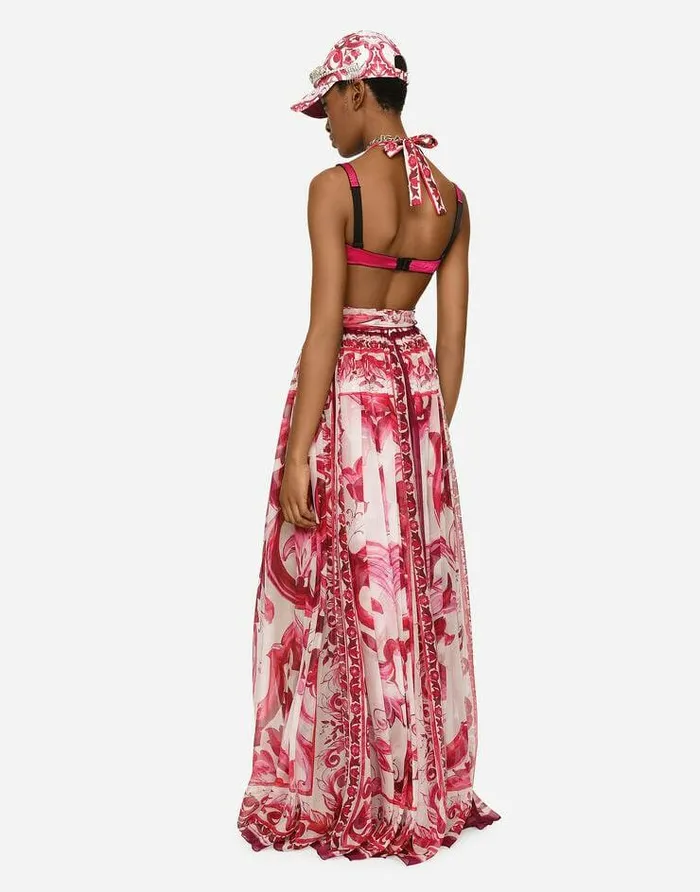 Dolce and Gabbana Dresses Women Long Sleeveless Chiffon Dress With Majolica Print Multicolor Dolce and Gabbana Dresses Women Long Sleeveless Chiffon Dress With Majolica Print Multicolor