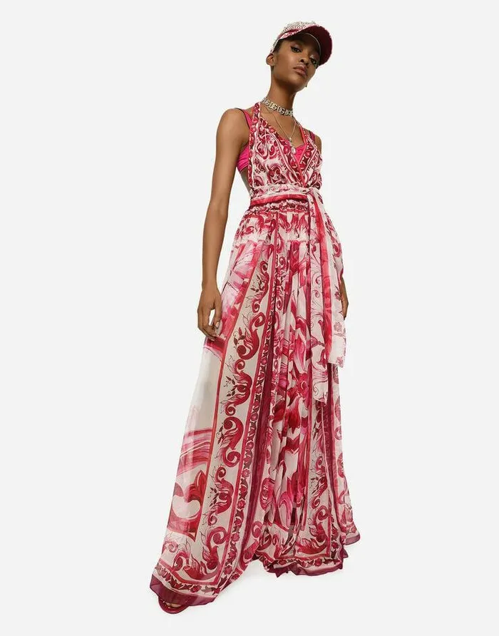 Dolce and Gabbana Dresses Women Long Sleeveless Chiffon Dress With Majolica Print Multicolor Dolce and Gabbana Dresses Women Long Sleeveless Chiffon Dress With Majolica Print Multicolor