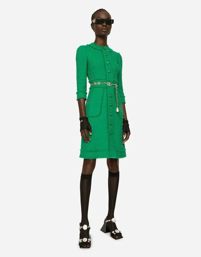 Dolce and Gabbana Dresses Women Raschel Tweed Midi Dress Green Dolce and Gabbana Dresses Women Raschel Tweed Midi Dress Green
