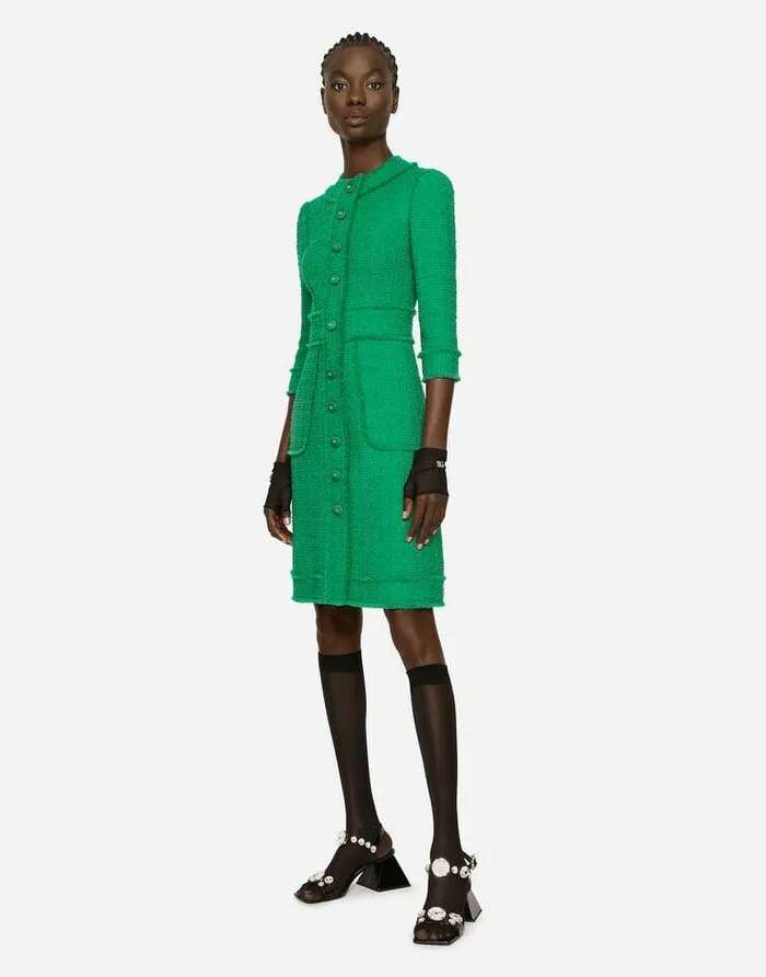 Dolce and Gabbana Dresses Women Raschel Tweed Midi Dress Green Dolce and Gabbana Dresses Women Raschel Tweed Midi Dress Green