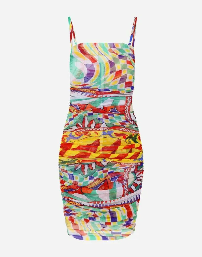 Dolce and Gabbana Dresses Women Short Draped Tulle Dress With Carretto Print Multicolor Dolce and Gabbana Dresses Women Short Draped Tulle Dress With Carretto Print Multicolor