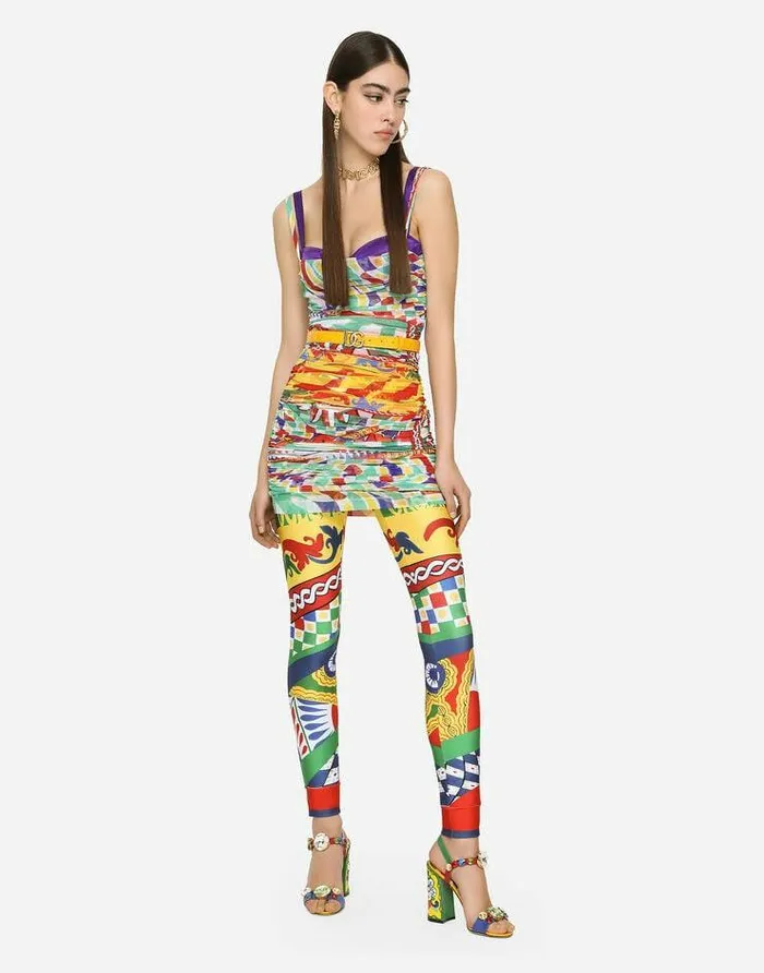 Dolce and Gabbana Dresses Women Short Draped Tulle Dress With Carretto Print Multicolor Dolce and Gabbana Dresses Women Short Draped Tulle Dress With Carretto Print Multicolor
