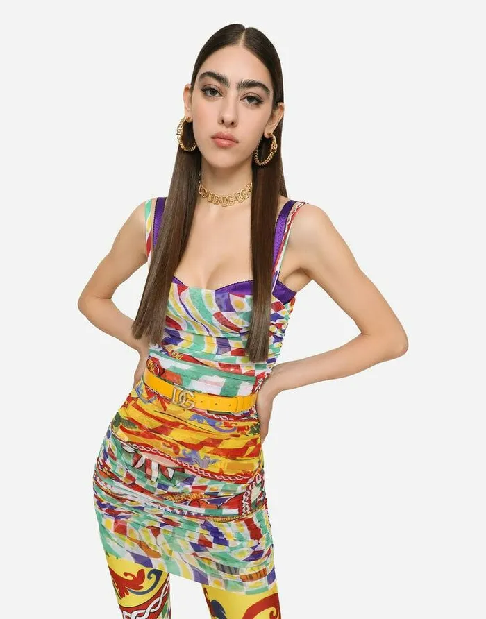 Dolce and Gabbana Dresses Women Short Draped Tulle Dress With Carretto Print Multicolor Dolce and Gabbana Dresses Women Short Draped Tulle Dress With Carretto Print Multicolor