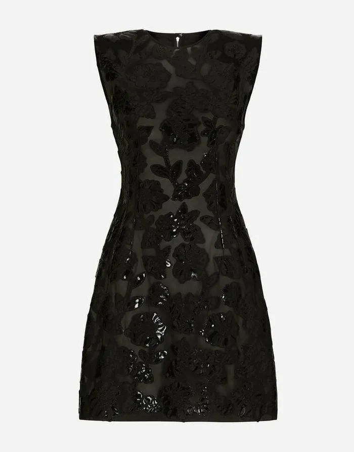 Dolce and Gabbana Dresses Women Short Marquisette Dress With Patent Floral Embellishment Multicolor Dolce and Gabbana Dresses Women Short Marquisette Dress With Patent Floral Embellishment Multicolor