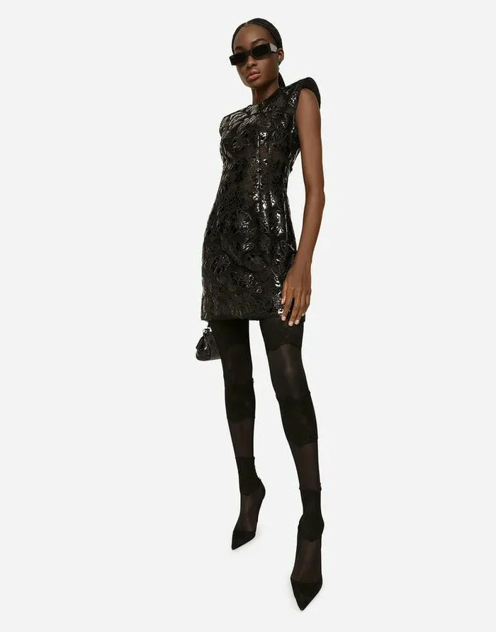 Dolce and Gabbana Dresses Women Short Marquisette Dress With Patent Floral Embellishment Multicolor Dolce and Gabbana Dresses Women Short Marquisette Dress With Patent Floral Embellishment Multicolor