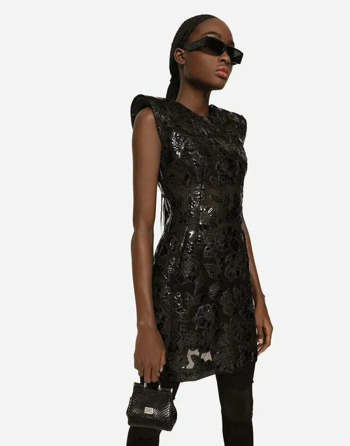 Dolce and Gabbana Dresses Women Short Marquisette Dress With Patent Floral Embellishment Multicolor Dolce and Gabbana Dresses Women Short Marquisette Dress With Patent Floral Embellishment Multicolor