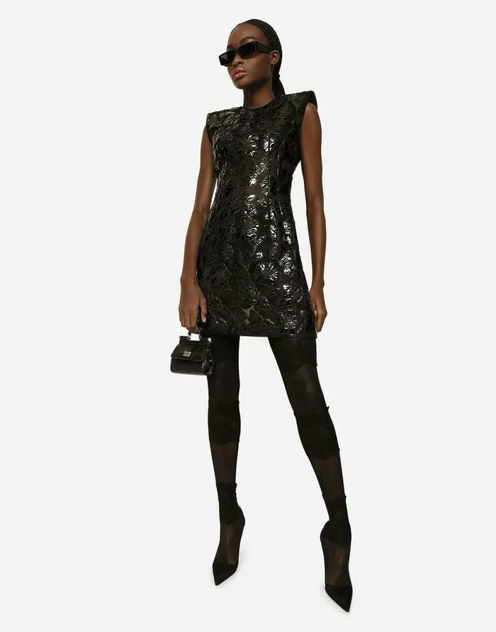 Dolce and Gabbana Dresses Women Short Marquisette Dress With Patent Floral Embellishment Multicolor Dolce and Gabbana Dresses Women Short Marquisette Dress With Patent Floral Embellishment Multicolor