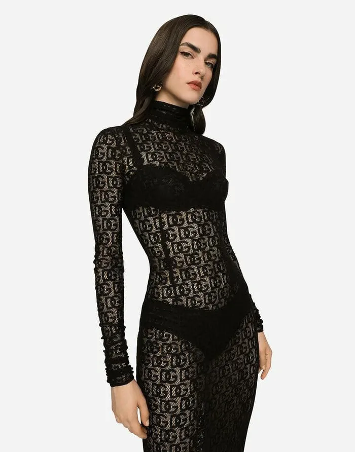 Dolce and Gabbana Dresses Women Tulle Calflength Dress With Allover DG Logo Black Dolce and Gabbana Dresses Women Tulle Calflength Dress With Allover DG Logo Black