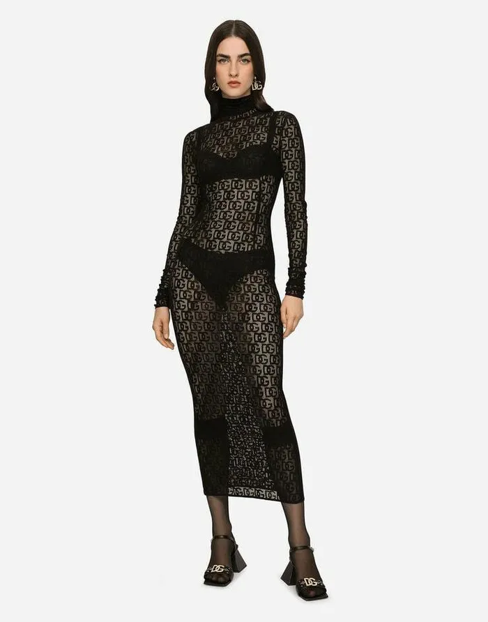 Dolce and Gabbana Dresses Women Tulle Calflength Dress With Allover DG Logo Black Dolce and Gabbana Dresses Women Tulle Calflength Dress With Allover DG Logo Black