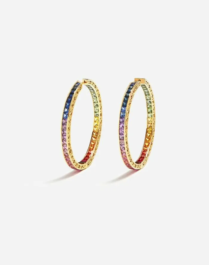Dolce and Gabbana Earrings Women Multicolored Sapphire Hoop Earrings Gold