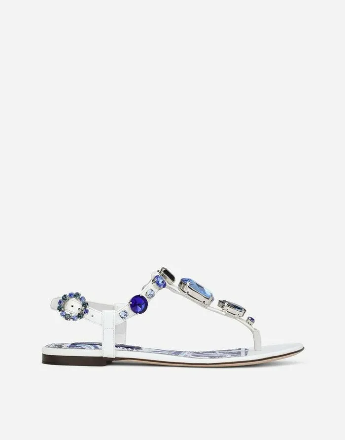 Dolce and Gabbana Flat Women Patent Leather Thong Sandals With Embroidery White Dolce and Gabbana Flat Women Patent Leather Thong Sandals With Embroidery White