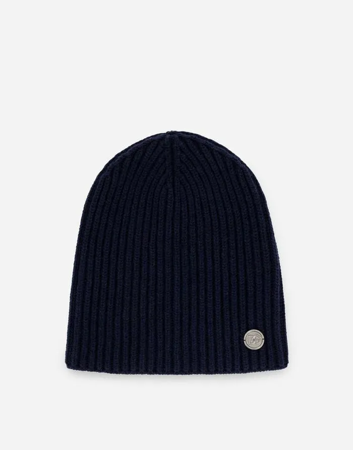 Dolce and Gabbana Hats And Gloves Men Knit Cashmere Hat With DG Patch Blue