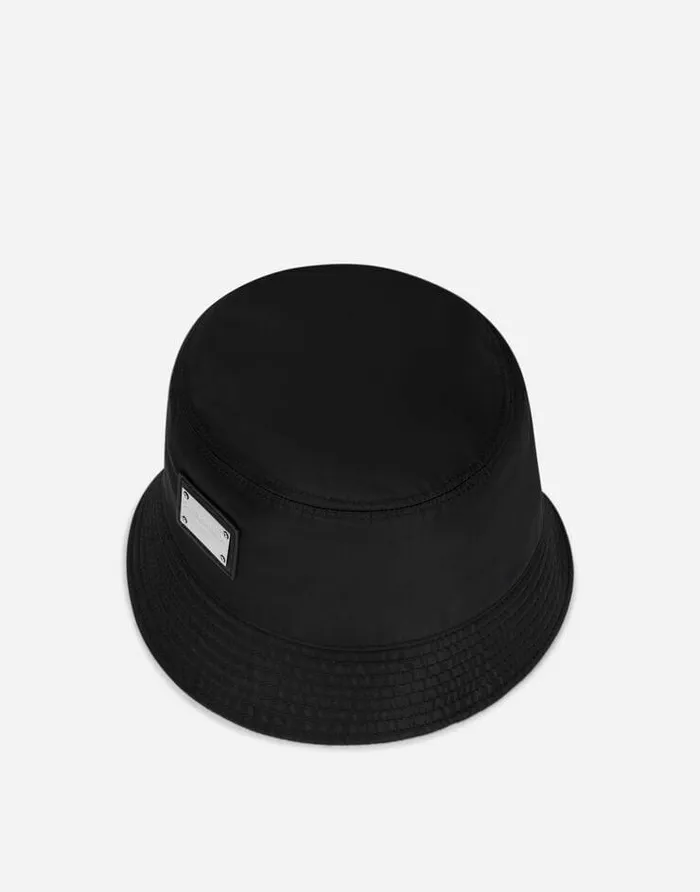 Dolce and Gabbana Hats And Gloves Men Nylon Bucket Hat With Branded Plate Black Dolce and Gabbana Hats And Gloves Men Nylon Bucket Hat With Branded Plate Black