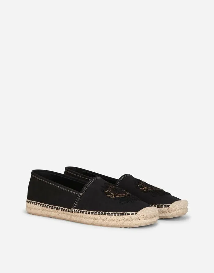Dolce and Gabbana Loafers And Moccasins Men Canvas Espadrilles With Coat Of Arms Embroidery Black Dolce and Gabbana Loafers And Moccasins Men Canvas Espadrilles With Coat Of Arms Embroidery Black