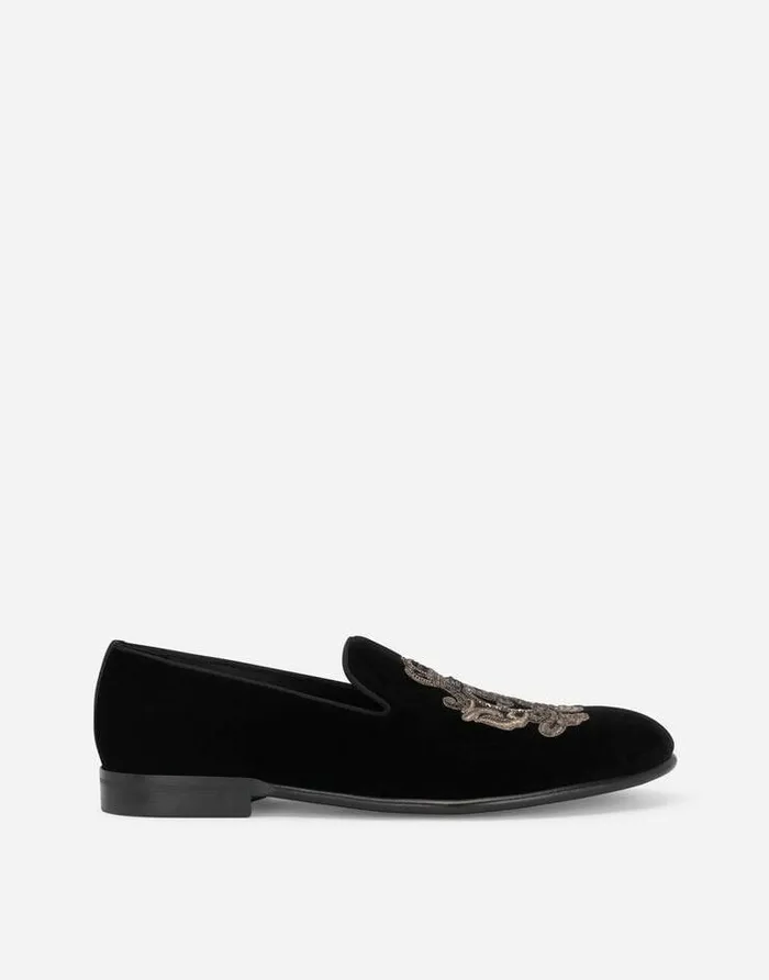 Dolce and Gabbana Loafers And Moccasins Men Velvet Slippers With Coat Of Arms Embroidery Multicolor Dolce and Gabbana Loafers And Moccasins Men Velvet Slippers With Coat Of Arms Embroidery Multicolor