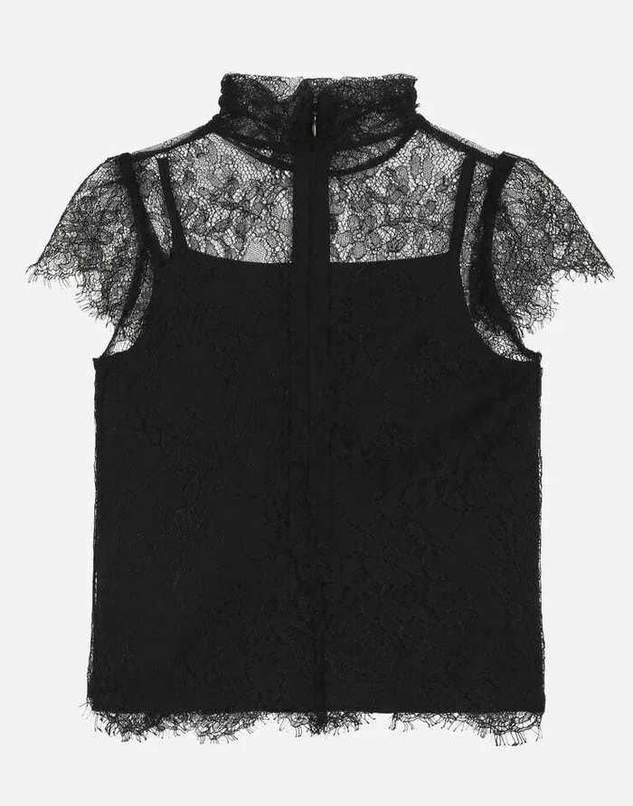 Dolce and Gabbana Mini Me Girl Children Shortsleeved Lace Top Black Dolce and Gabbana Mini Me Girl Children Shortsleeved Lace Top Black