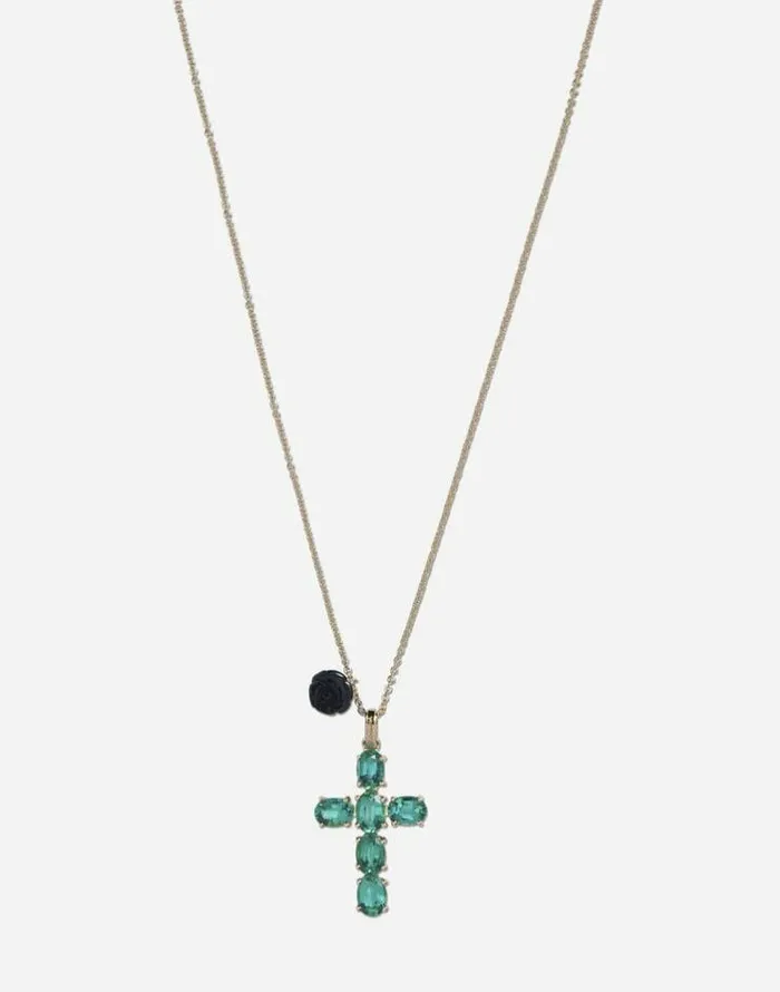 Dolce and Gabbana Necklaces Women Family Cross Pendant With Emeralds Gold Dolce and Gabbana Necklaces Women Family Cross Pendant With Emeralds Gold