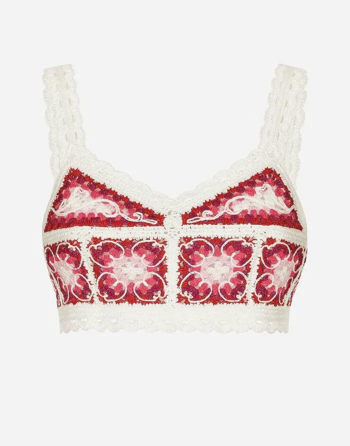 Dolce and Gabbana Shirts And Tops Women Brickstitched Crochet Bustier Top With Majolica Print Multicolor Dolce and Gabbana Shirts And Tops Women Brickstitched Crochet Bustier Top With Majolica Print Multicolor
