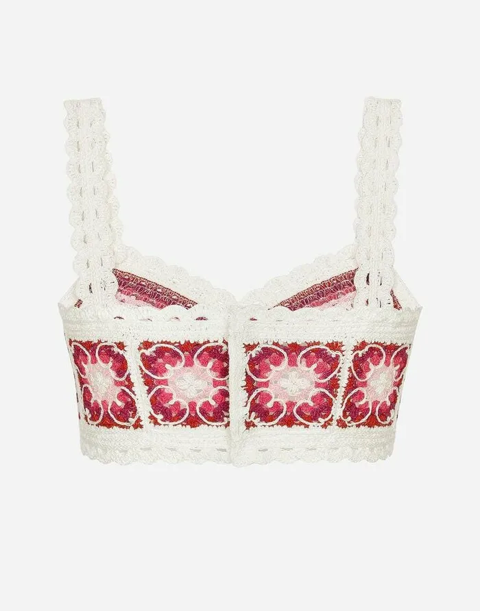 Dolce and Gabbana Shirts And Tops Women Brickstitched Crochet Bustier Top With Majolica Print Multicolor Dolce and Gabbana Shirts And Tops Women Brickstitched Crochet Bustier Top With Majolica Print Multicolor