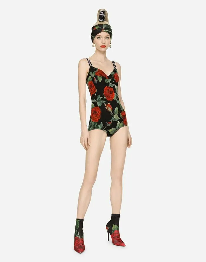 Dolce and Gabbana Shirts And Tops Women Charmeuse Bodysuit With Red Rose Print Multicolor Dolce and Gabbana Shirts And Tops Women Charmeuse Bodysuit With Red Rose Print Multicolor