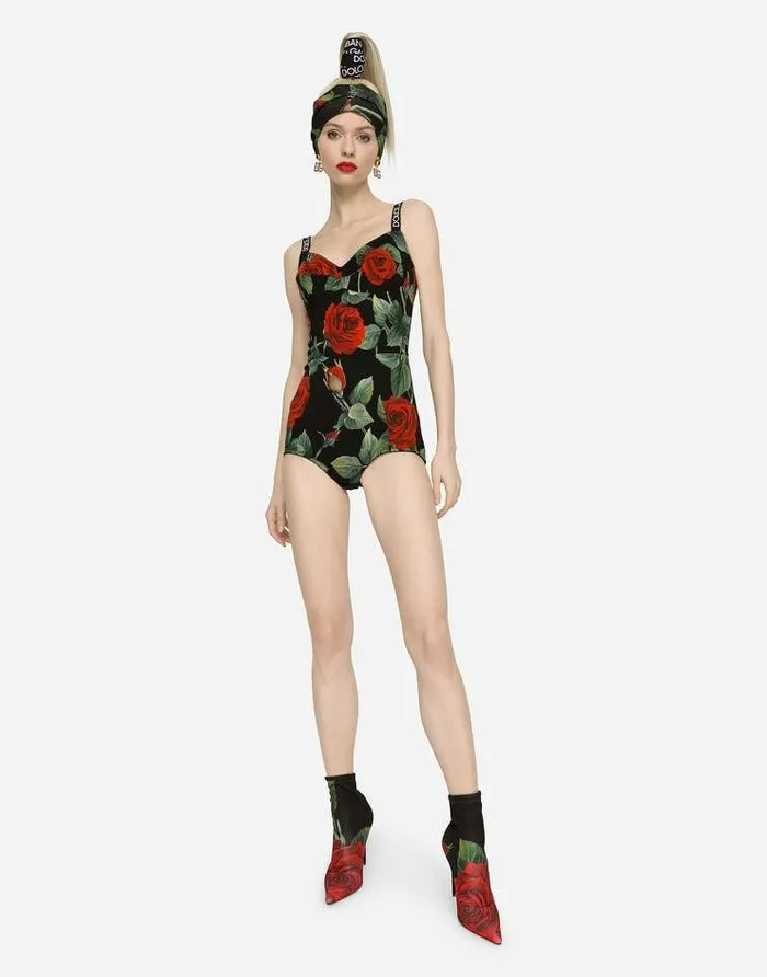 Dolce and Gabbana Shirts And Tops Women Charmeuse Bodysuit With Red Rose Print Multicolor Dolce and Gabbana Shirts And Tops Women Charmeuse Bodysuit With Red Rose Print Multicolor