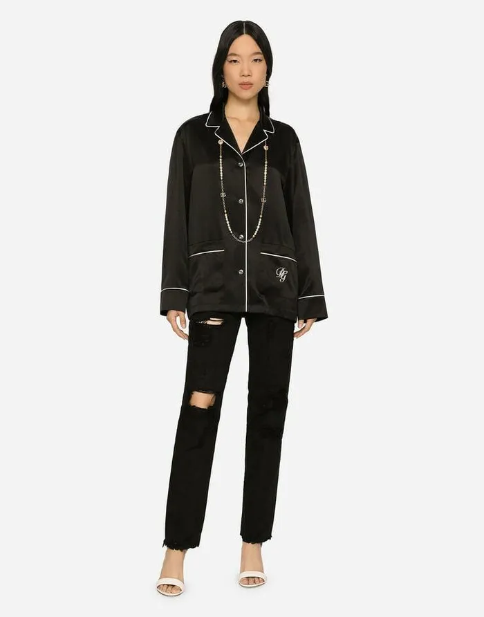 Dolce and Gabbana Shirts And Tops Women Satin Pajama Shirt With DG Embroidery Black Dolce and Gabbana Shirts And Tops Women Satin Pajama Shirt With DG Embroidery Black