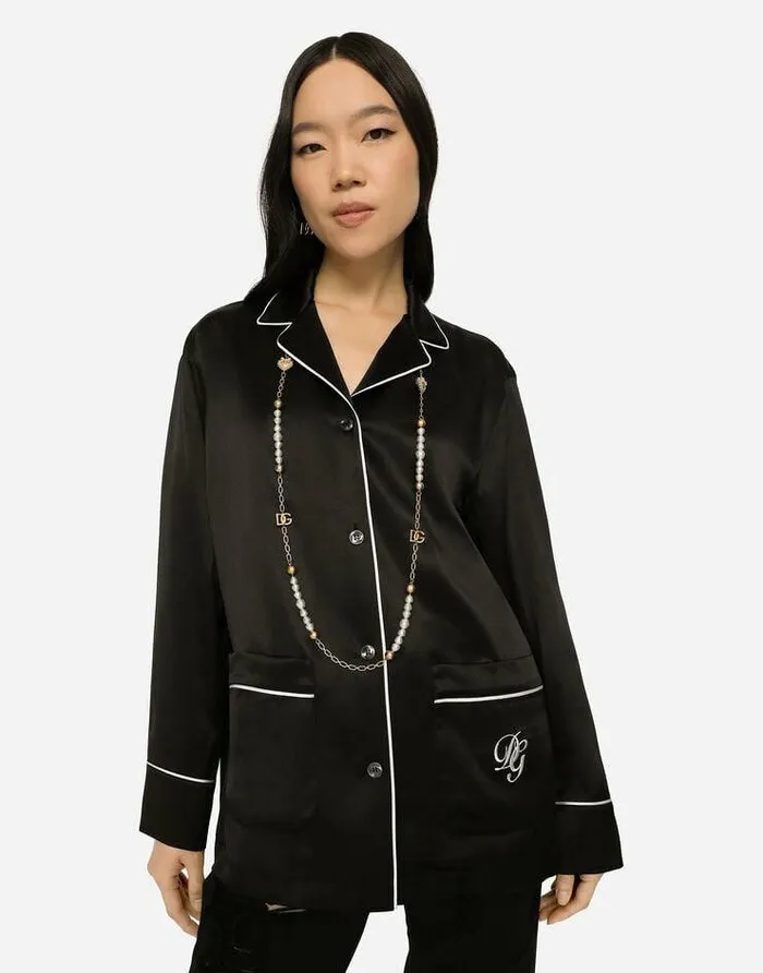 Dolce and Gabbana Shirts And Tops Women Satin Pajama Shirt With DG Embroidery Black Dolce and Gabbana Shirts And Tops Women Satin Pajama Shirt With DG Embroidery Black