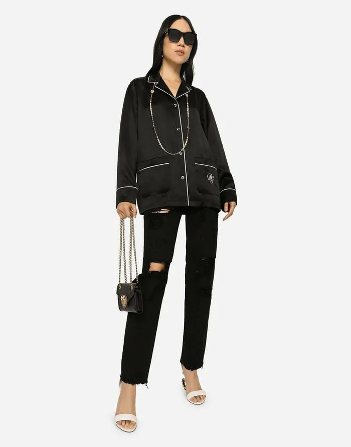 Dolce and Gabbana Shirts And Tops Women Satin Pajama Shirt With DG Embroidery Black Dolce and Gabbana Shirts And Tops Women Satin Pajama Shirt With DG Embroidery Black
