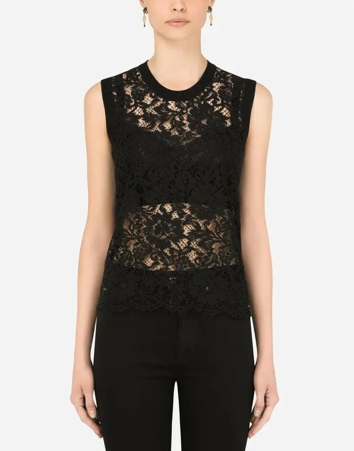 Dolce and Gabbana Shirts And Tops Women Sleeveless Wool And Lace Sweater Black Dolce and Gabbana Shirts And Tops Women Sleeveless Wool And Lace Sweater Black