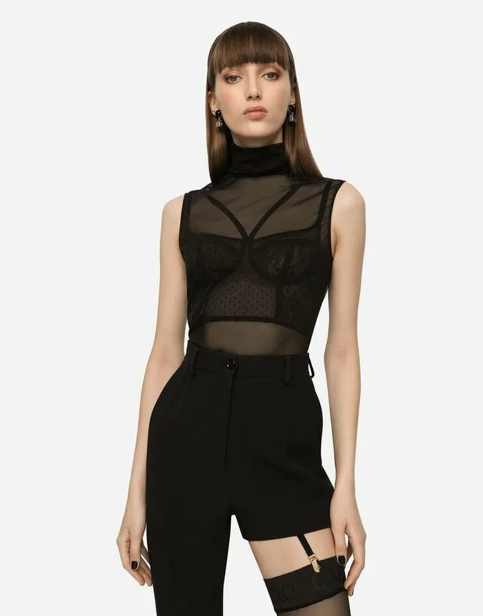 Dolce and Gabbana Shirts And Tops Women Tulle Turtleneck Top With DG Logo Black Dolce and Gabbana Shirts And Tops Women Tulle Turtleneck Top With DG Logo Black