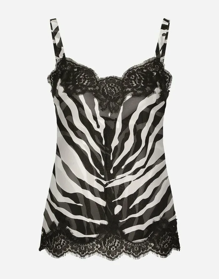 Dolce and Gabbana Shirts And Tops Women Zebraprint Chiffon Lingeriestyle Top With Lace Detailing Animal Print Dolce and Gabbana Shirts And Tops Women Zebraprint Chiffon Lingeriestyle Top With Lace Detailing Animal Print