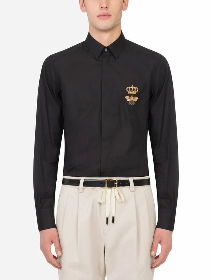 Dolce and Gabbana Shirts Men Cotton Goldfit Shirt With Patch Black Dolce and Gabbana Shirts Men Cotton Goldfit Shirt With Patch Black
