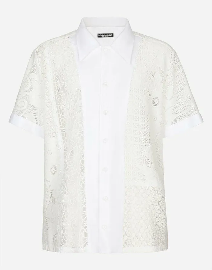 Dolce and Gabbana Shirts Men Hawaiian Shirt With Lace Inserts Multicolor