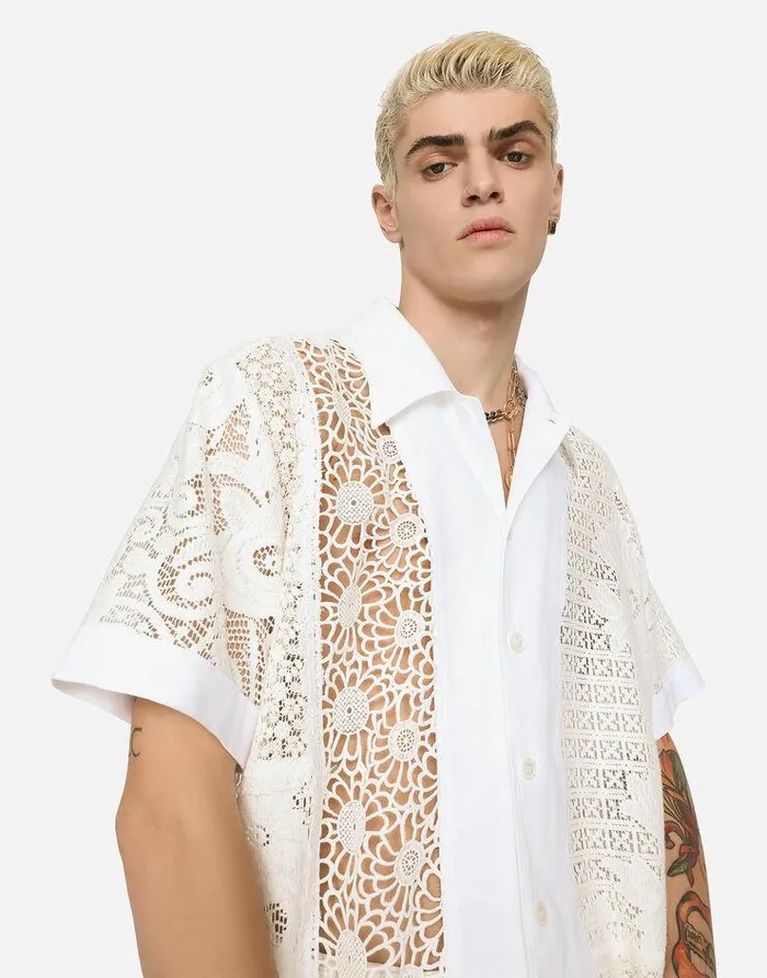 Dolce and Gabbana Shirts Men Hawaiian Shirt With Lace Inserts Multicolor Dolce and Gabbana Shirts Men Hawaiian Shirt With Lace Inserts Multicolor