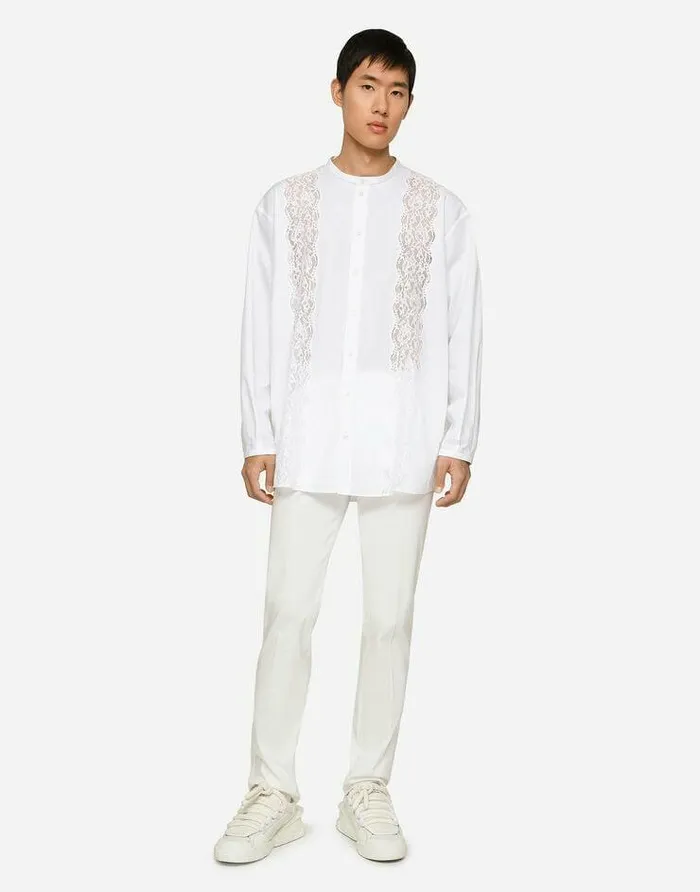 Dolce and Gabbana Shirts Men Oversize Cotton Shirt With Lace Inserts White Dolce and Gabbana Shirts Men Oversize Cotton Shirt With Lace Inserts White