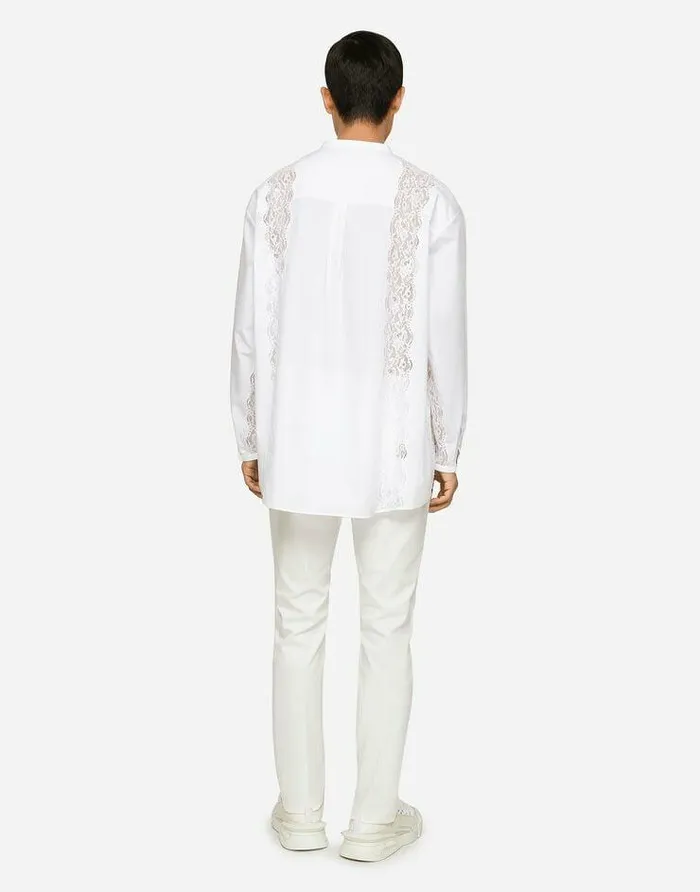 Dolce and Gabbana Shirts Men Oversize Cotton Shirt With Lace Inserts White Dolce and Gabbana Shirts Men Oversize Cotton Shirt With Lace Inserts White