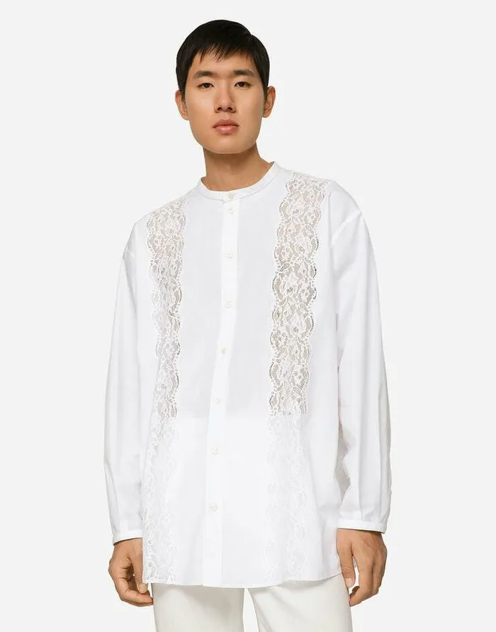 Dolce and Gabbana Shirts Men Oversize Cotton Shirt With Lace Inserts White Dolce and Gabbana Shirts Men Oversize Cotton Shirt With Lace Inserts White