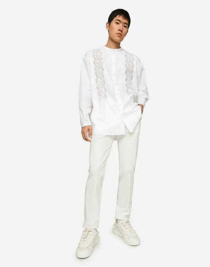 Dolce and Gabbana Shirts Men Oversize Cotton Shirt With Lace Inserts White Dolce and Gabbana Shirts Men Oversize Cotton Shirt With Lace Inserts White