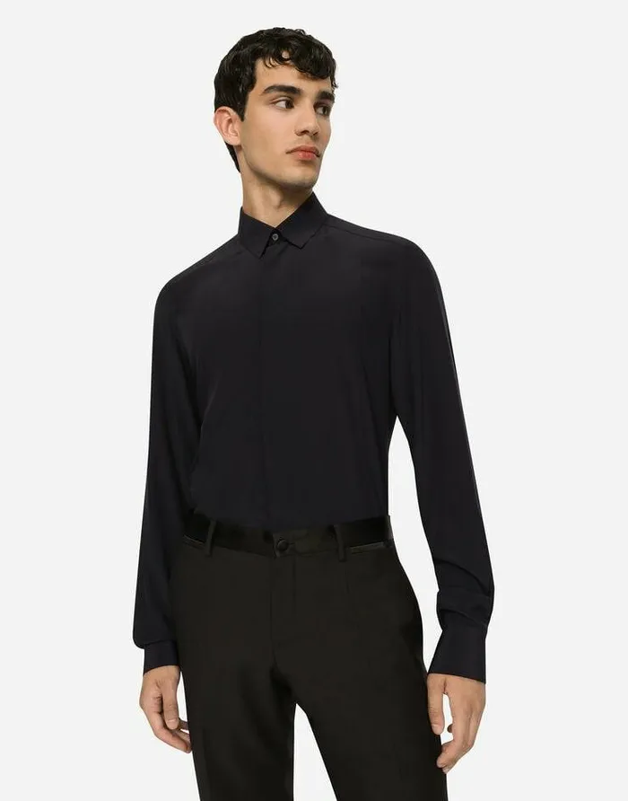 Dolce and Gabbana Shirts Men Silk Crepe De Chine Goldfit Shirt Blue Dolce and Gabbana Shirts Men Silk Crepe De Chine Goldfit Shirt Blue