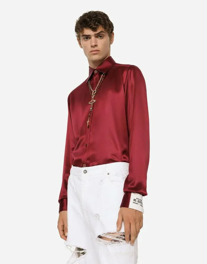 Dolce and Gabbana Shirts Men Silk Satin Martinifit Shirt Bordeaux Dolce and Gabbana Shirts Men Silk Satin Martinifit Shirt Bordeaux
