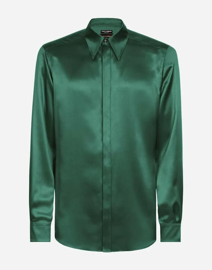 Dolce and Gabbana Shirts Men Silk Satin Martinifit Shirt With Metal DG Logo Multicolor Dolce and Gabbana Shirts Men Silk Satin Martinifit Shirt With Metal DG Logo Multicolor